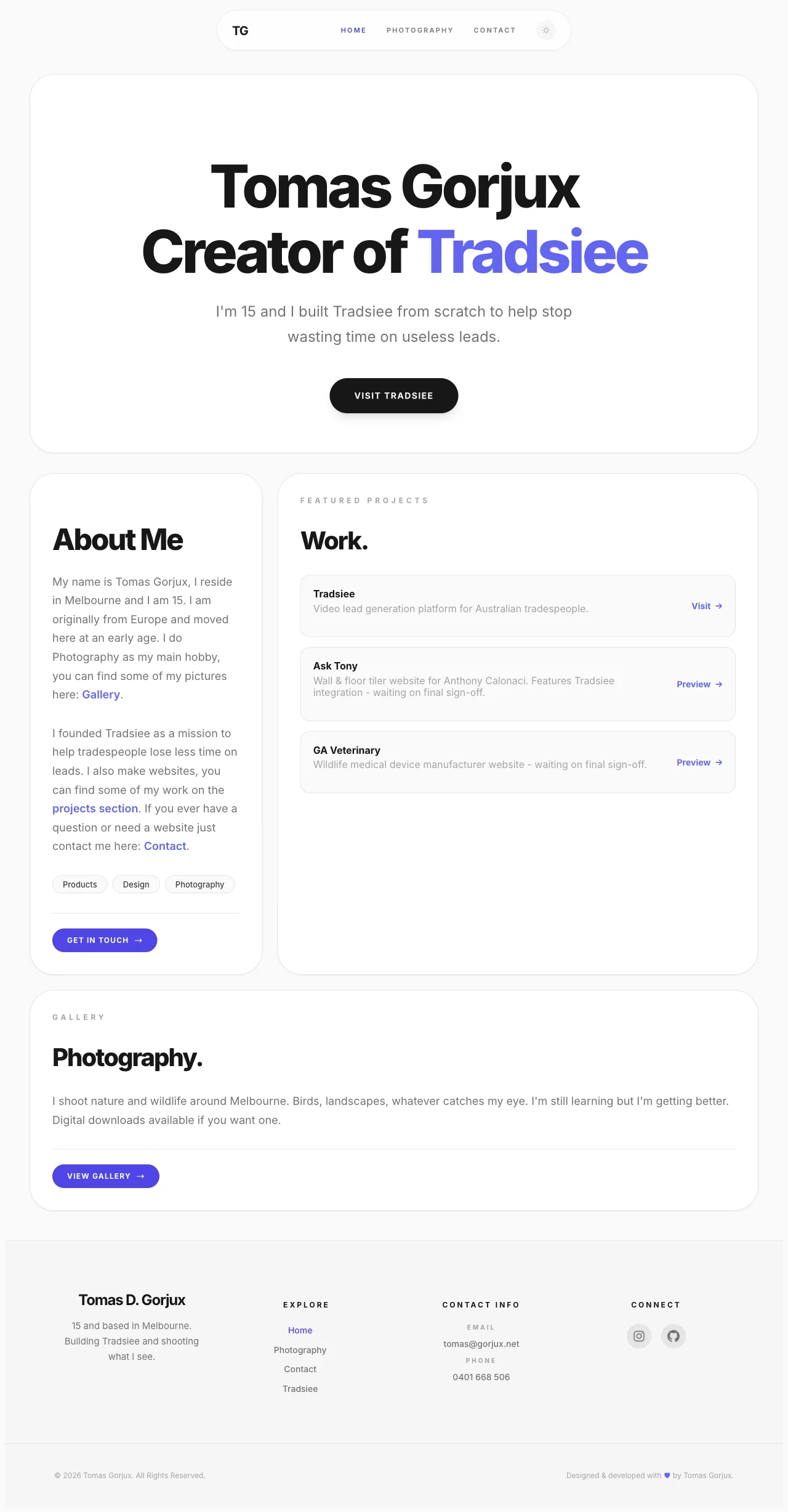 Screenshot of the Tomas Gorjux portfolio website showing a dark-themed hero section and photography gallery